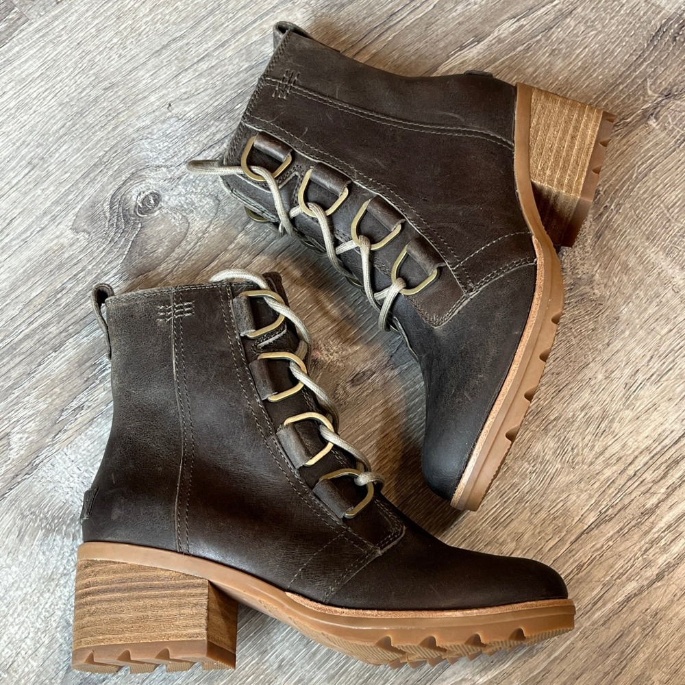Sorel Cate Lace Dark Brown Leather Waterproof Block Heel Ankle Boots NL3715-245